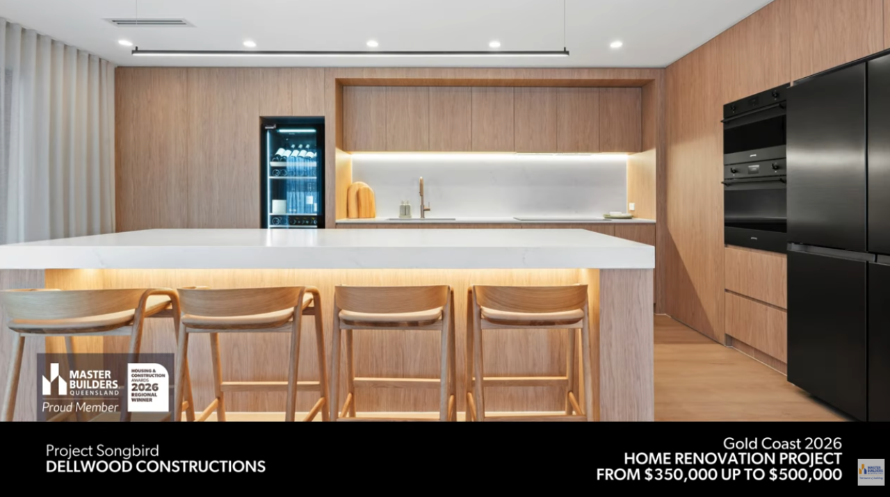 Reviewing renovation plans Award-winning kitchen renovation from Project Songbird in Burleigh Waters by Dellwood Constructions